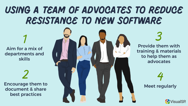 Using a team of advocates to reduce resistance to new software implementation