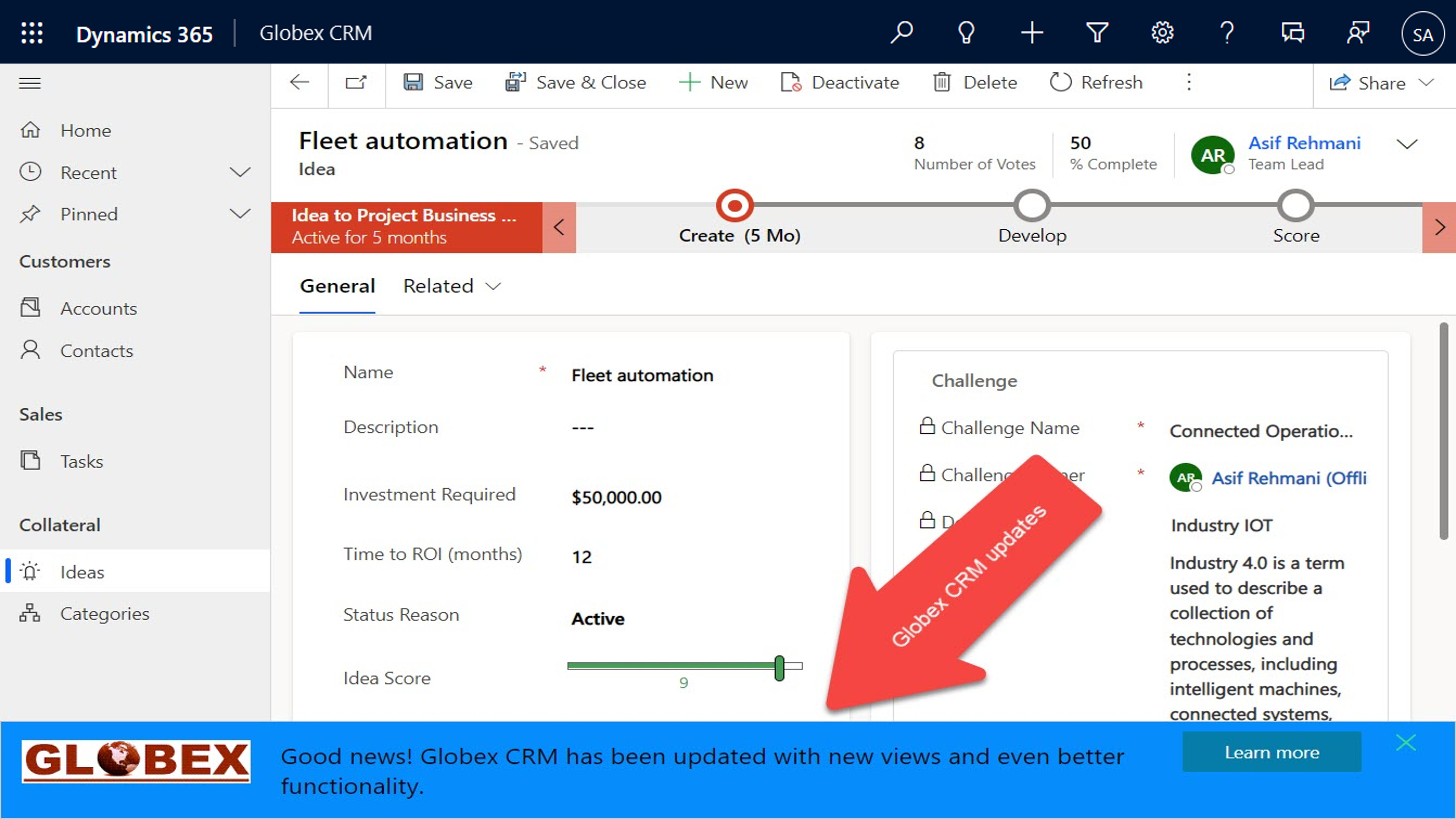 Globex CRM updates delivered through an announcement banner at the bottom of screen - Dynamics