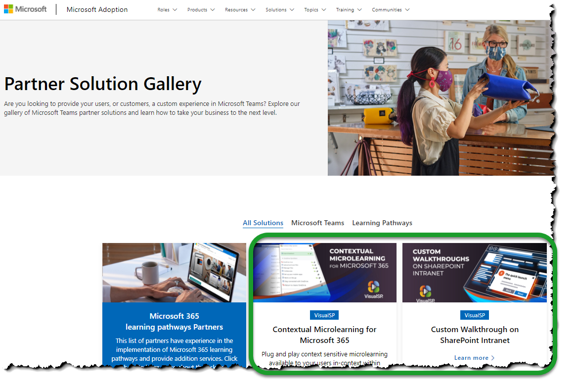 MS partner solution gallery showing VisualSP solutions 2-1