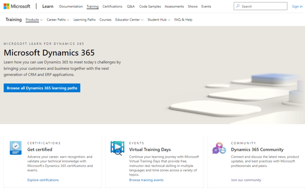 Microsoft Learn site for Dynamics 365