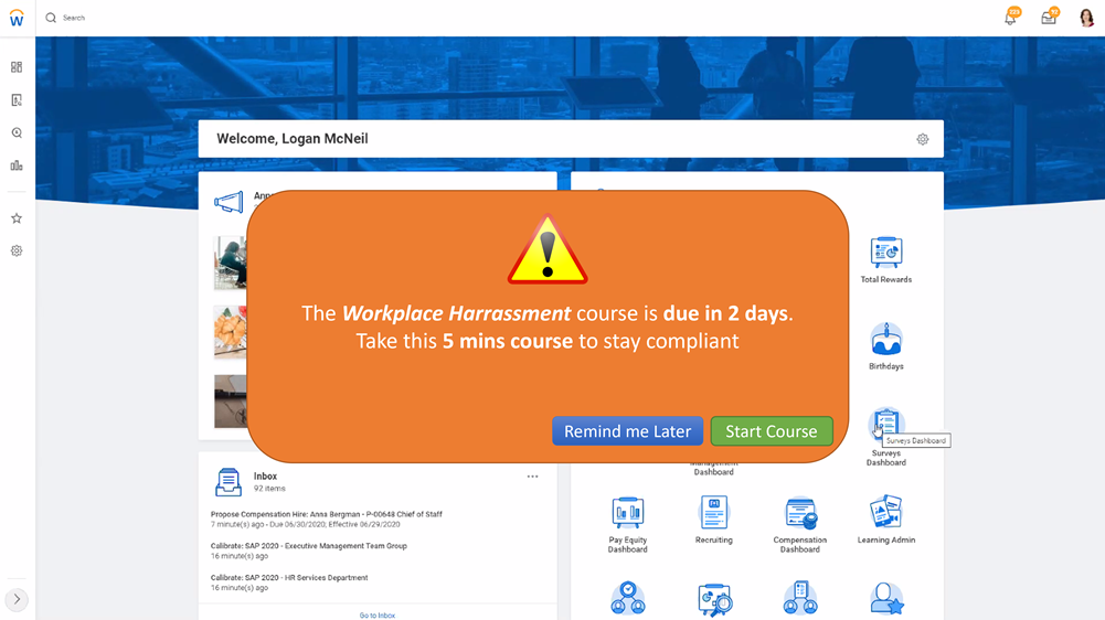 workplace harrassment splash page with start course button